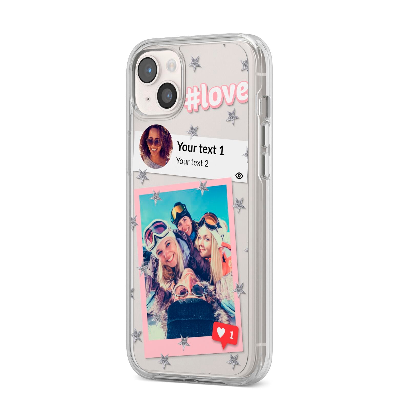 Starry Social Media Photo Montage Upload with Text iPhone 14 Plus Clear Tough Case Starlight Angled Image