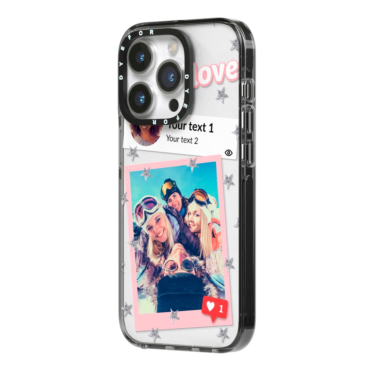 Starry Social Media Photo Montage Upload with Text iPhone 14 Pro Black Impact Case Side Angle on Silver phone