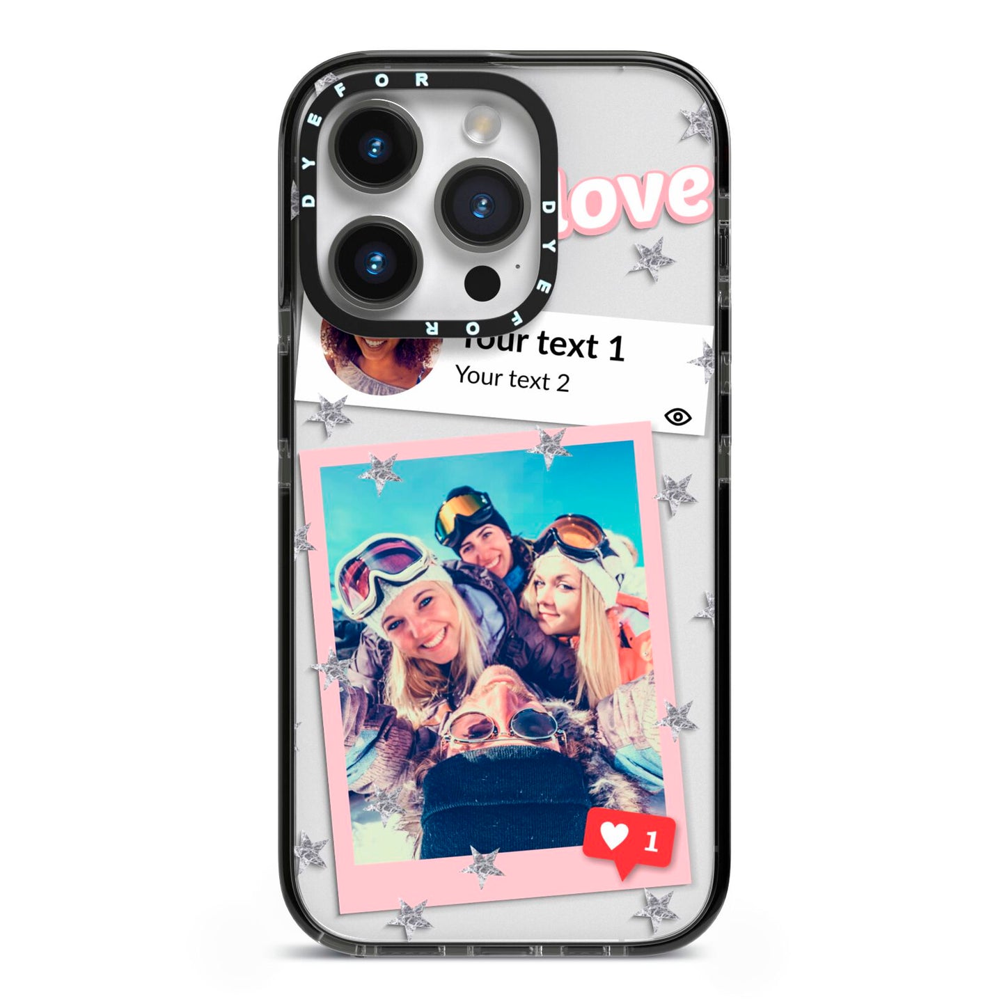 Starry Social Media Photo Montage Upload with Text iPhone 14 Pro Black Impact Case on Silver phone