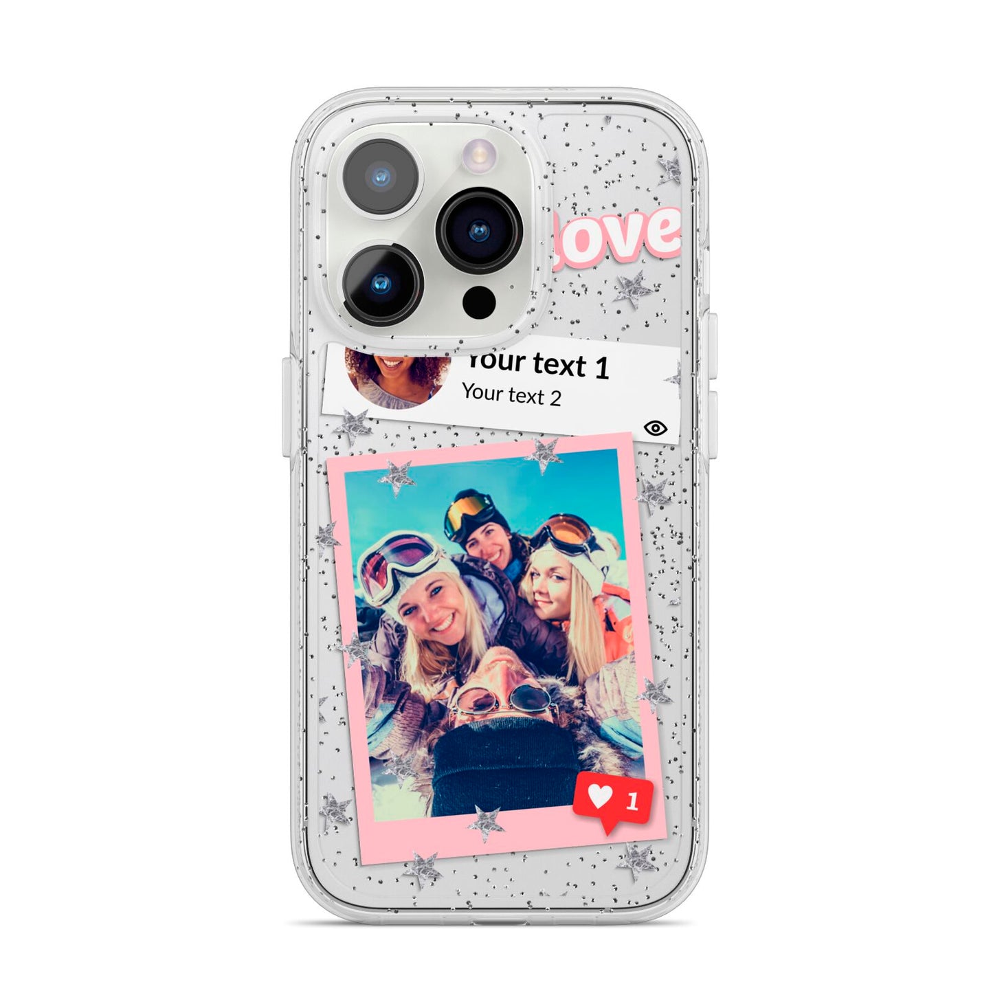Starry Social Media Photo Montage Upload with Text iPhone 14 Pro Glitter Tough Case Silver