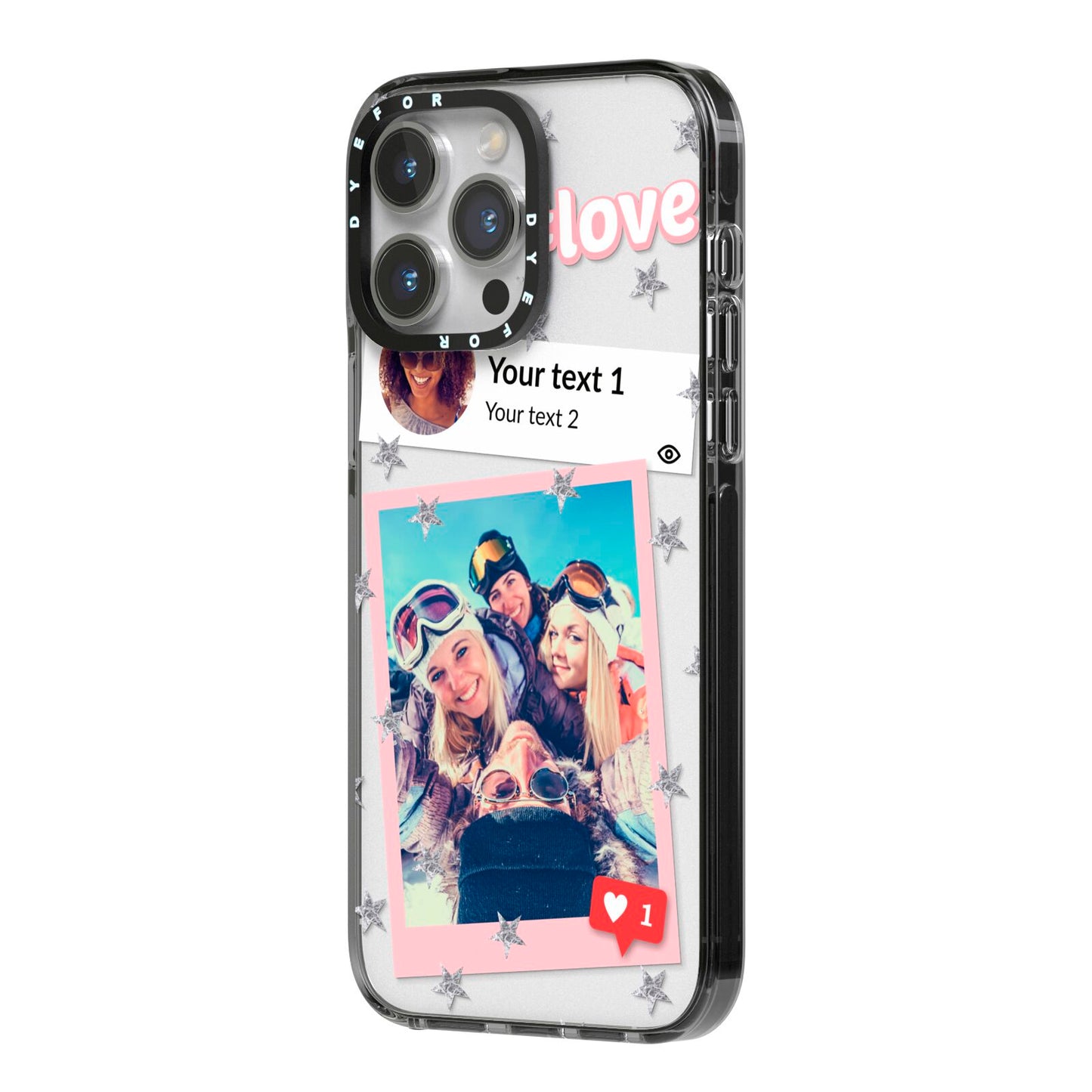 Starry Social Media Photo Montage Upload with Text iPhone 14 Pro Max Black Impact Case Side Angle on Silver phone