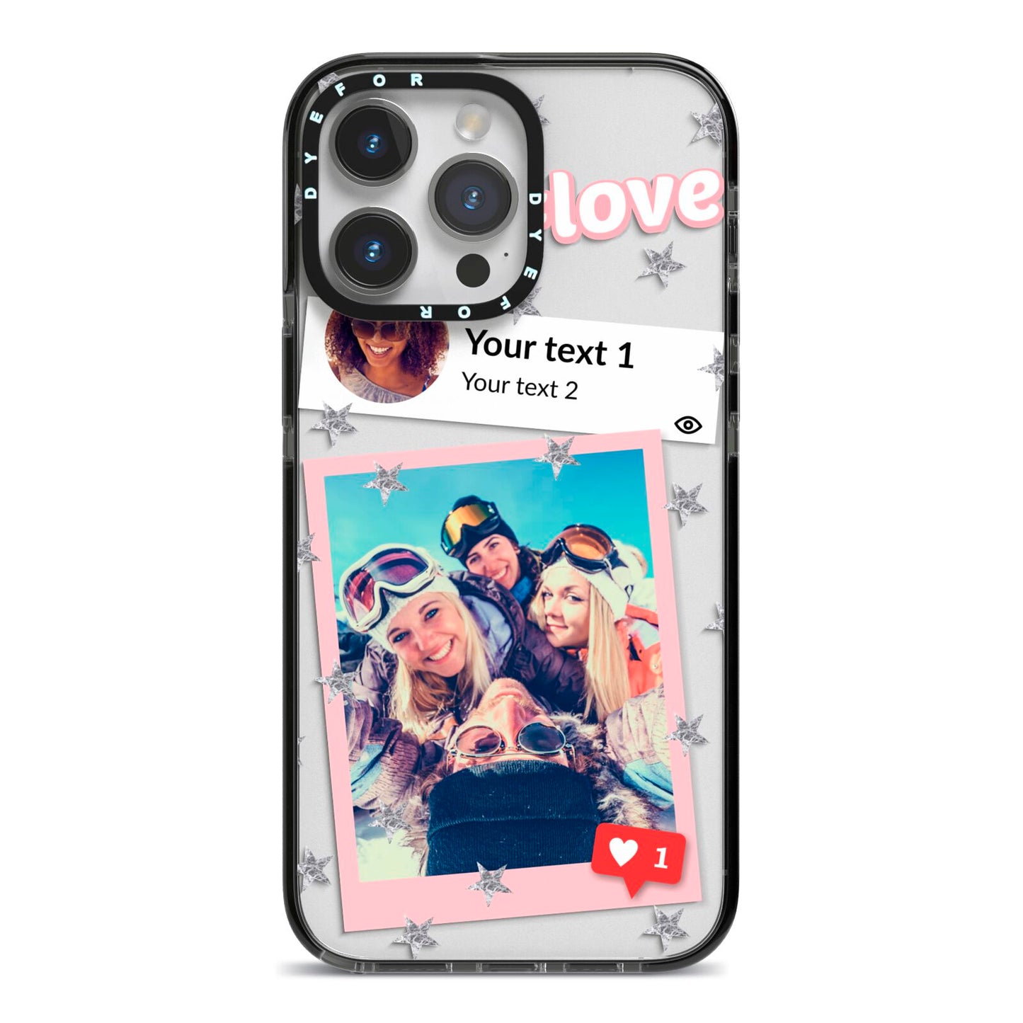 Starry Social Media Photo Montage Upload with Text iPhone 14 Pro Max Black Impact Case on Silver phone