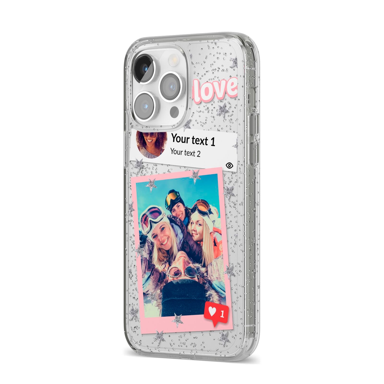 Starry Social Media Photo Montage Upload with Text iPhone 14 Pro Max Glitter Tough Case Silver Angled Image