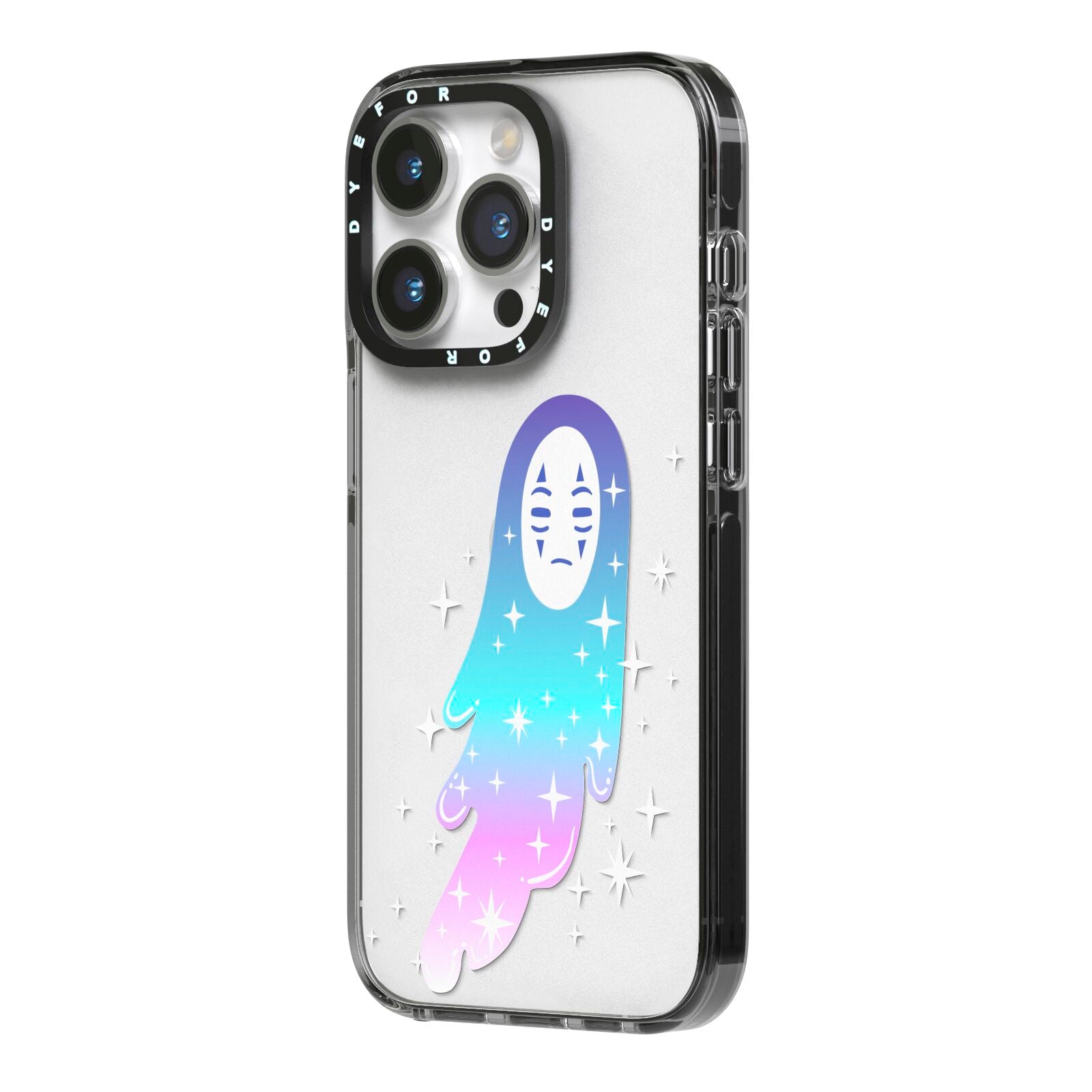 Starry Spectre iPhone 14 Pro Black Impact Case Side Angle on Silver phone