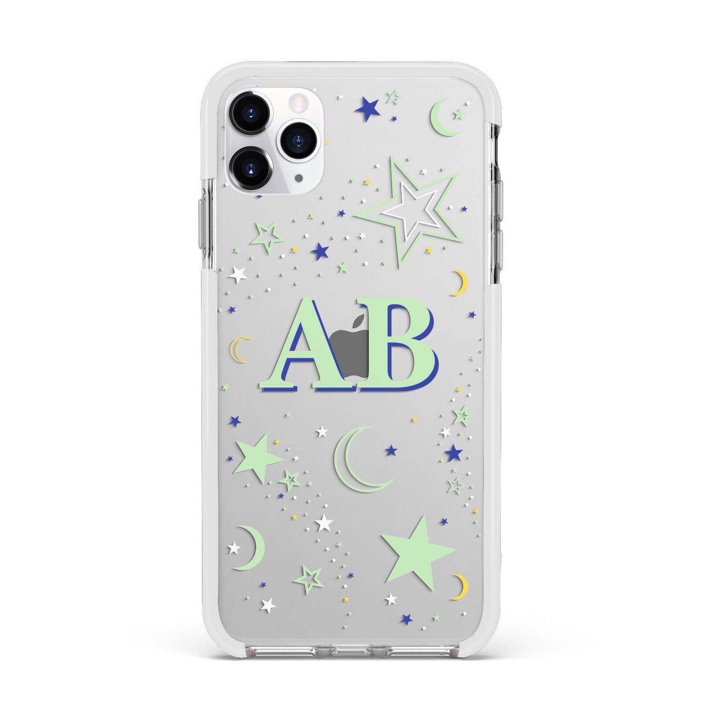 Stars and Moon Personalised Apple iPhone 11 Pro Max in Silver with White Impact Case