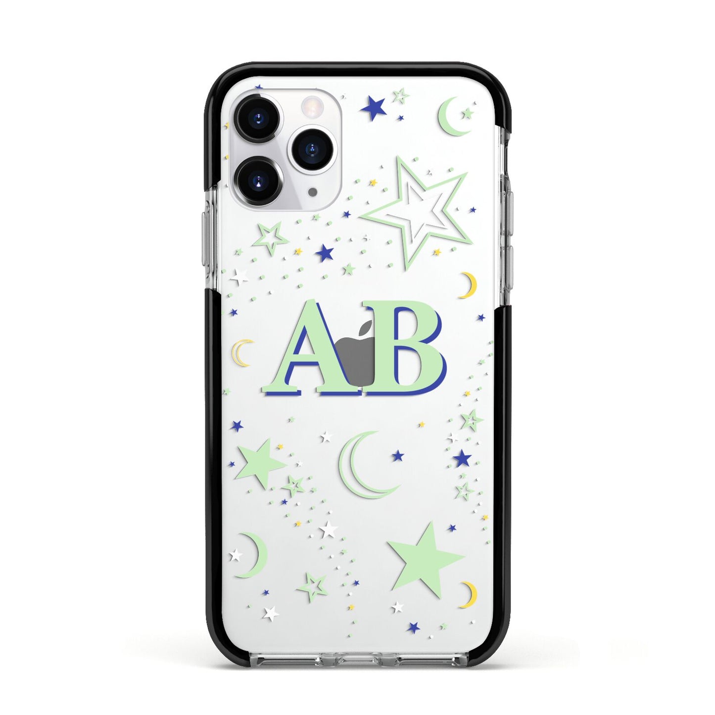 Stars and Moon Personalised Apple iPhone 11 Pro in Silver with Black Impact Case