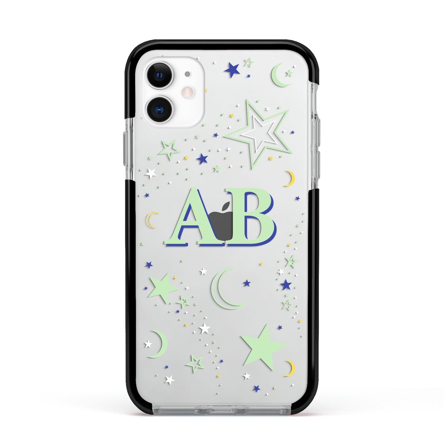 Stars and Moon Personalised Apple iPhone 11 in White with Black Impact Case