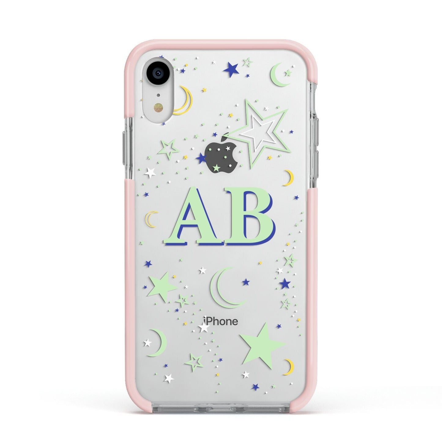 Stars and Moon Personalised Apple iPhone XR Impact Case Pink Edge on Silver Phone
