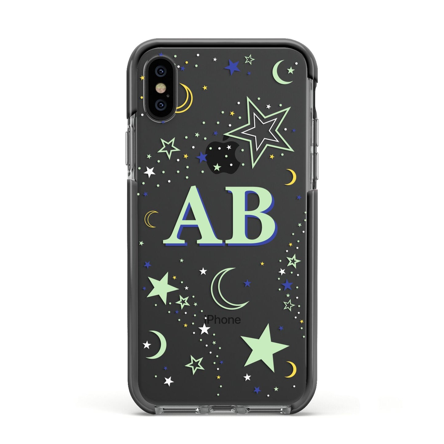 Stars and Moon Personalised Apple iPhone Xs Impact Case Black Edge on Black Phone
