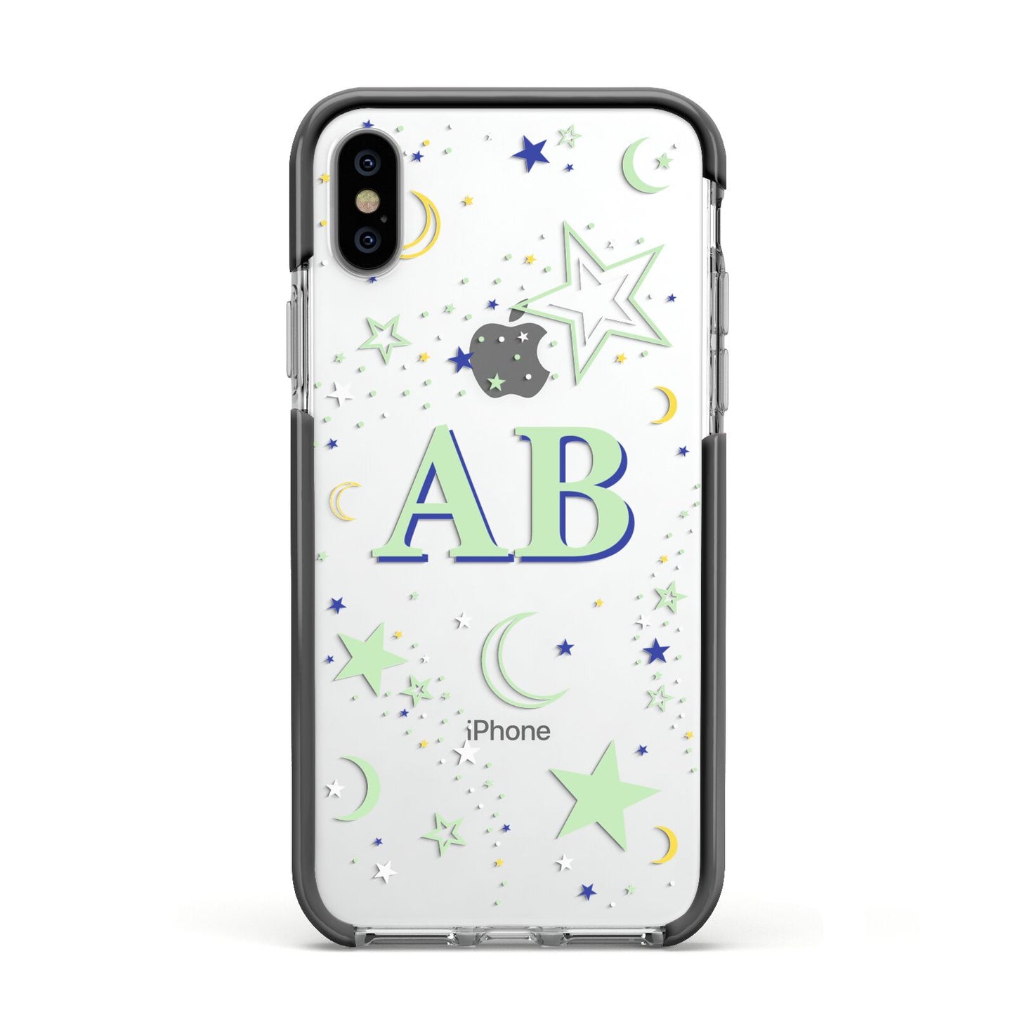 Stars and Moon Personalised Apple iPhone Xs Impact Case Black Edge on Silver Phone