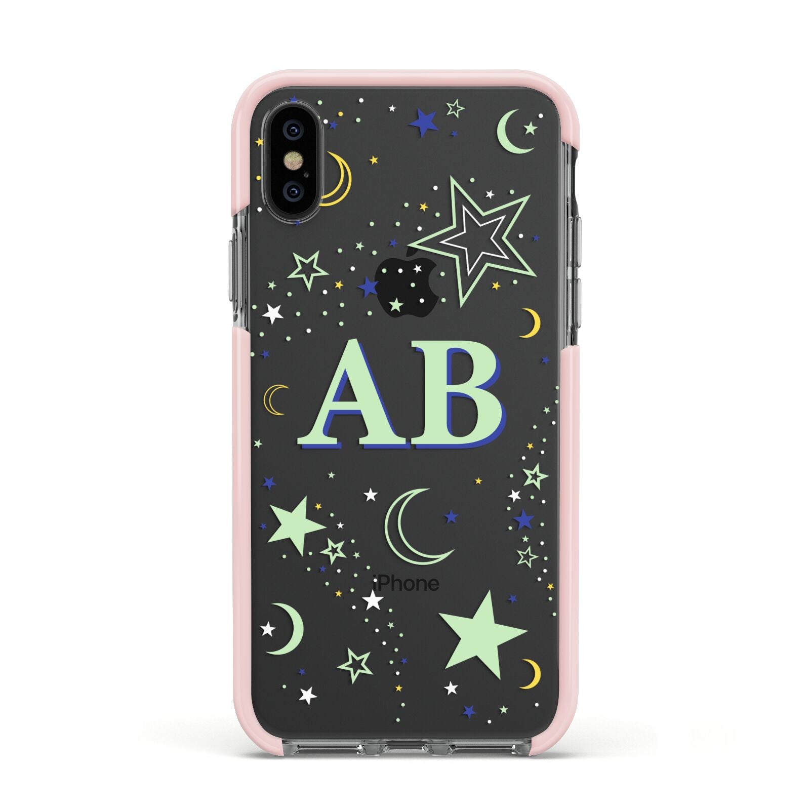 Stars and Moon Personalised Apple iPhone Xs Impact Case Pink Edge on Black Phone