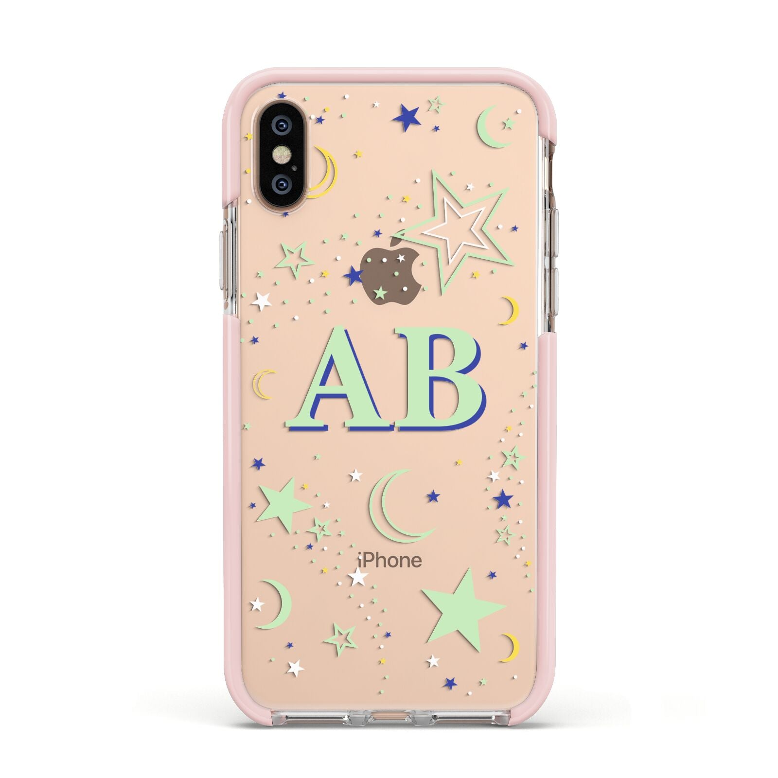 Stars and Moon Personalised Apple iPhone Xs Impact Case Pink Edge on Gold Phone