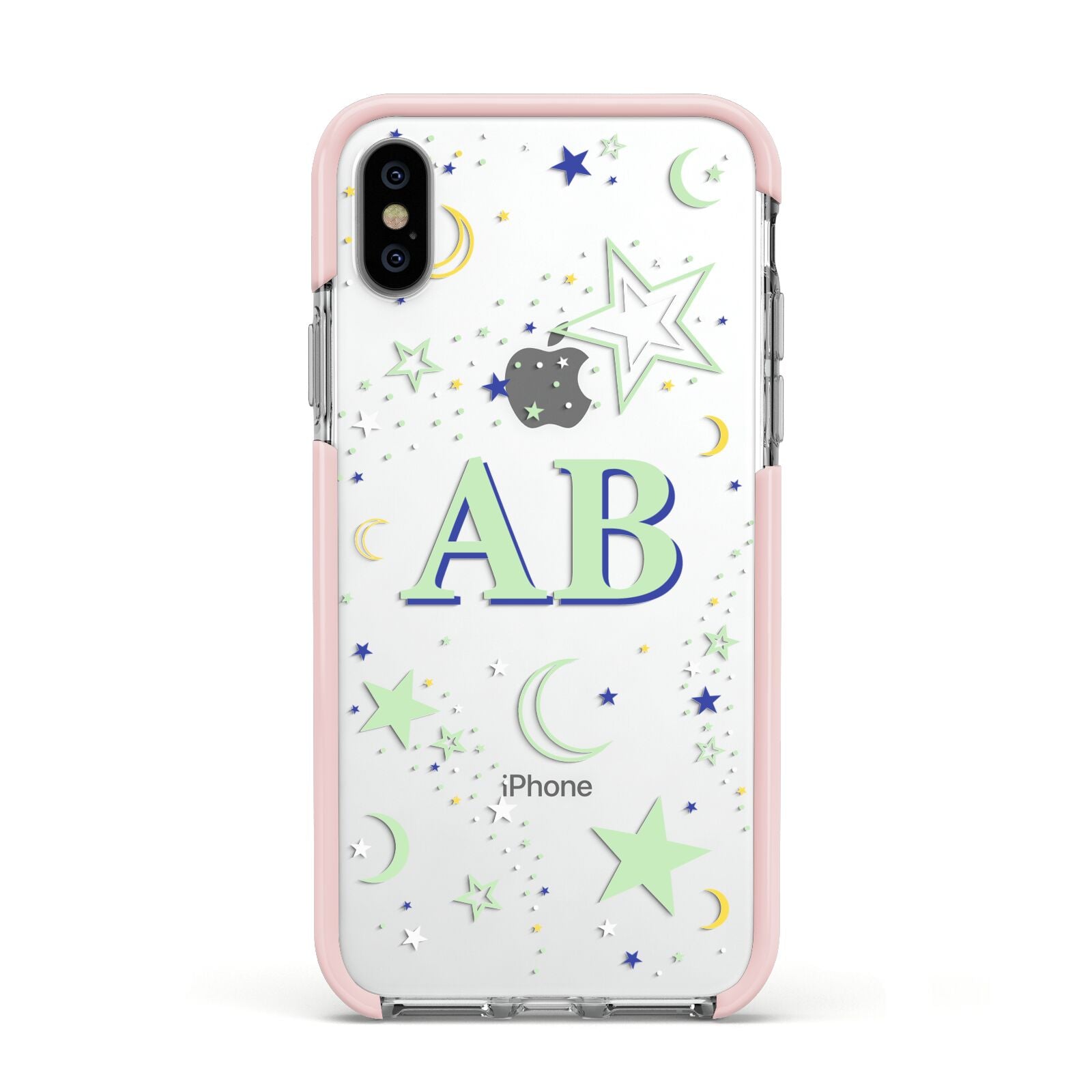 Stars and Moon Personalised Apple iPhone Xs Impact Case Pink Edge on Silver Phone
