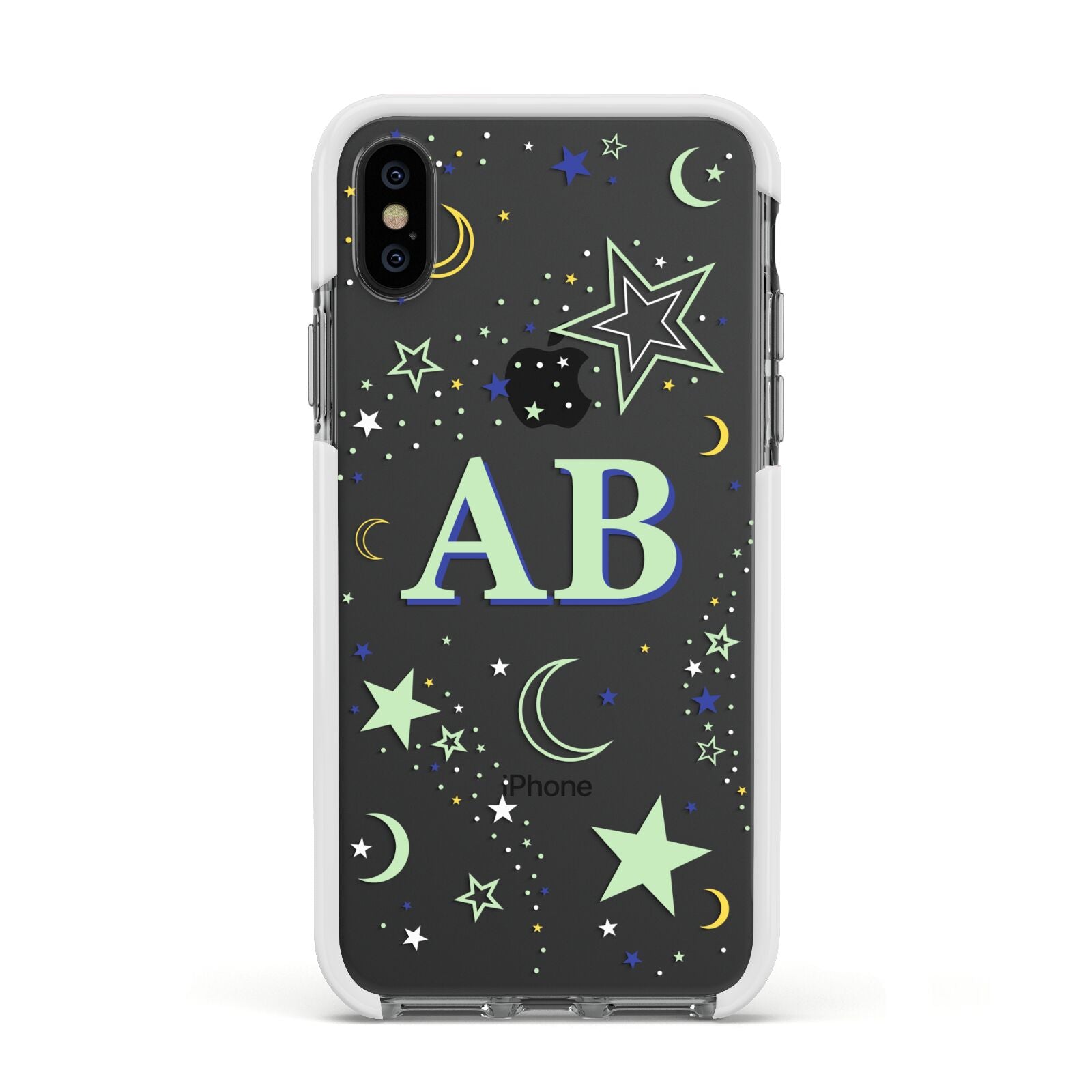 Stars and Moon Personalised Apple iPhone Xs Impact Case White Edge on Black Phone