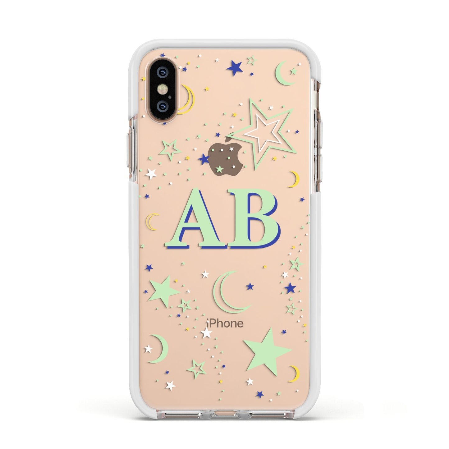 Stars and Moon Personalised Apple iPhone Xs Impact Case White Edge on Gold Phone