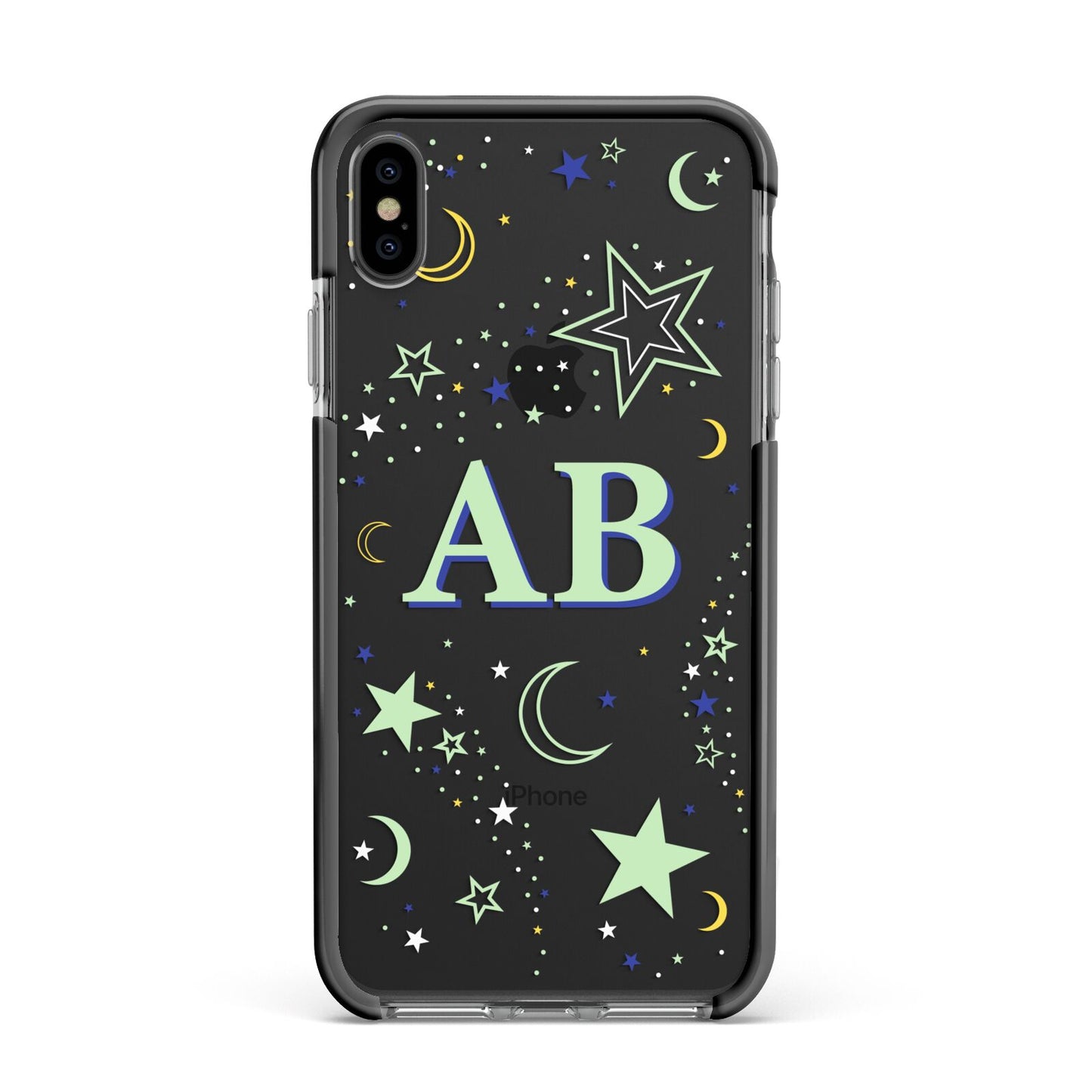 Stars and Moon Personalised Apple iPhone Xs Max Impact Case Black Edge on Black Phone