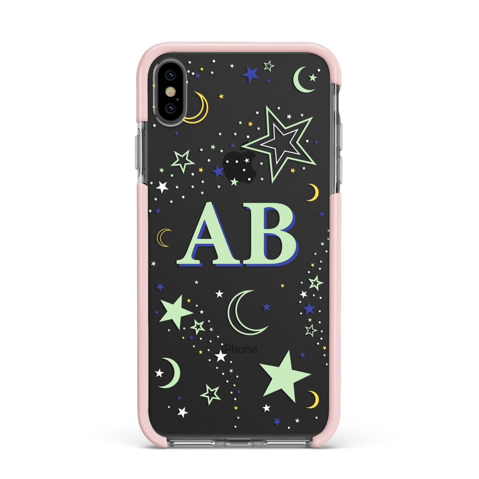 Stars and Moon Personalised Apple iPhone Xs Max Impact Case Pink Edge on Black Phone