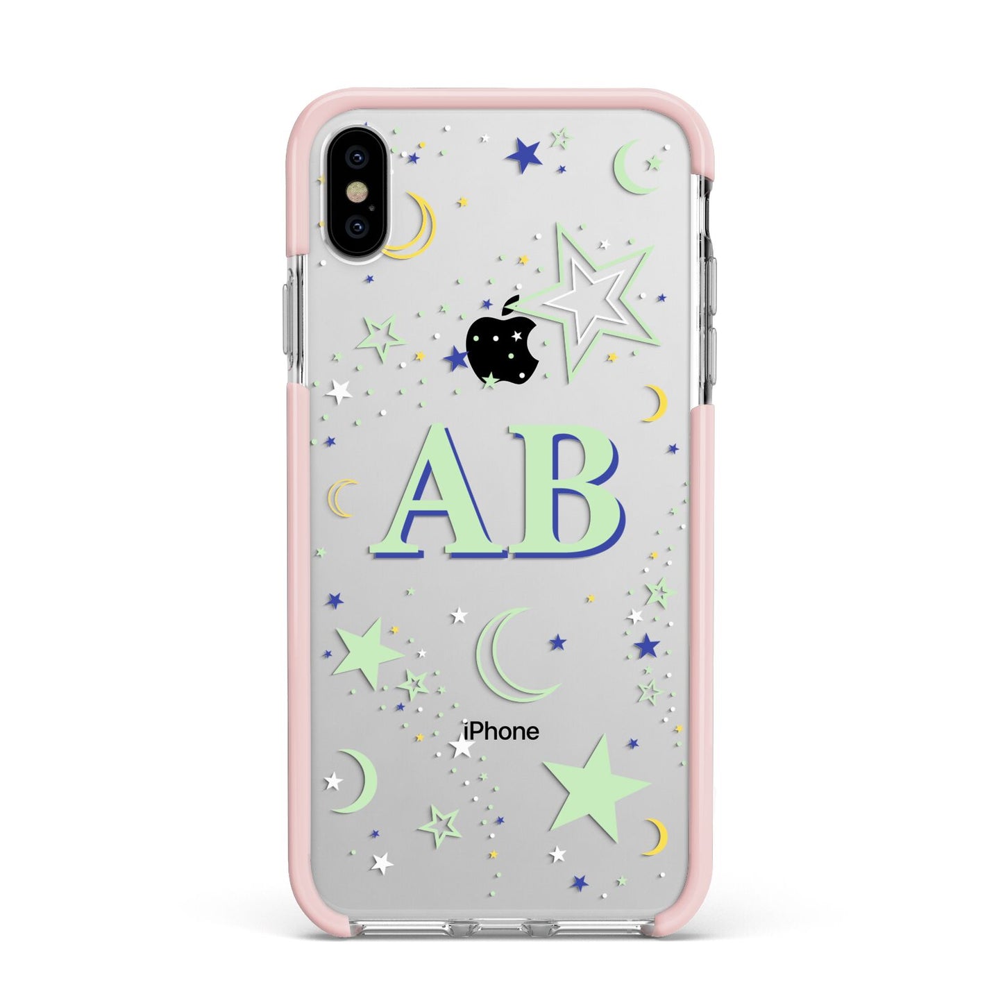Stars and Moon Personalised Apple iPhone Xs Max Impact Case Pink Edge on Silver Phone