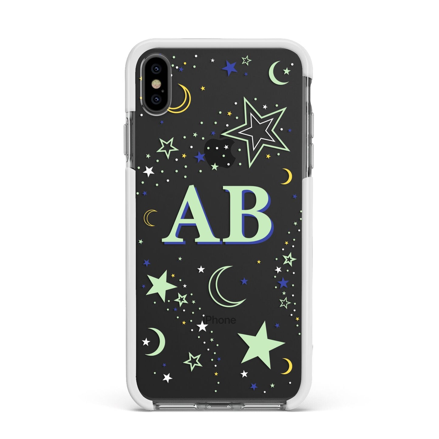 Stars and Moon Personalised Apple iPhone Xs Max Impact Case White Edge on Black Phone
