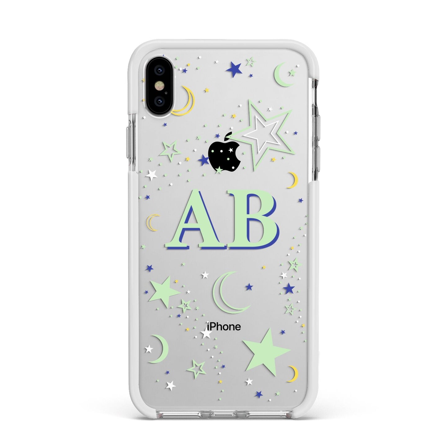 Stars and Moon Personalised Apple iPhone Xs Max Impact Case White Edge on Silver Phone