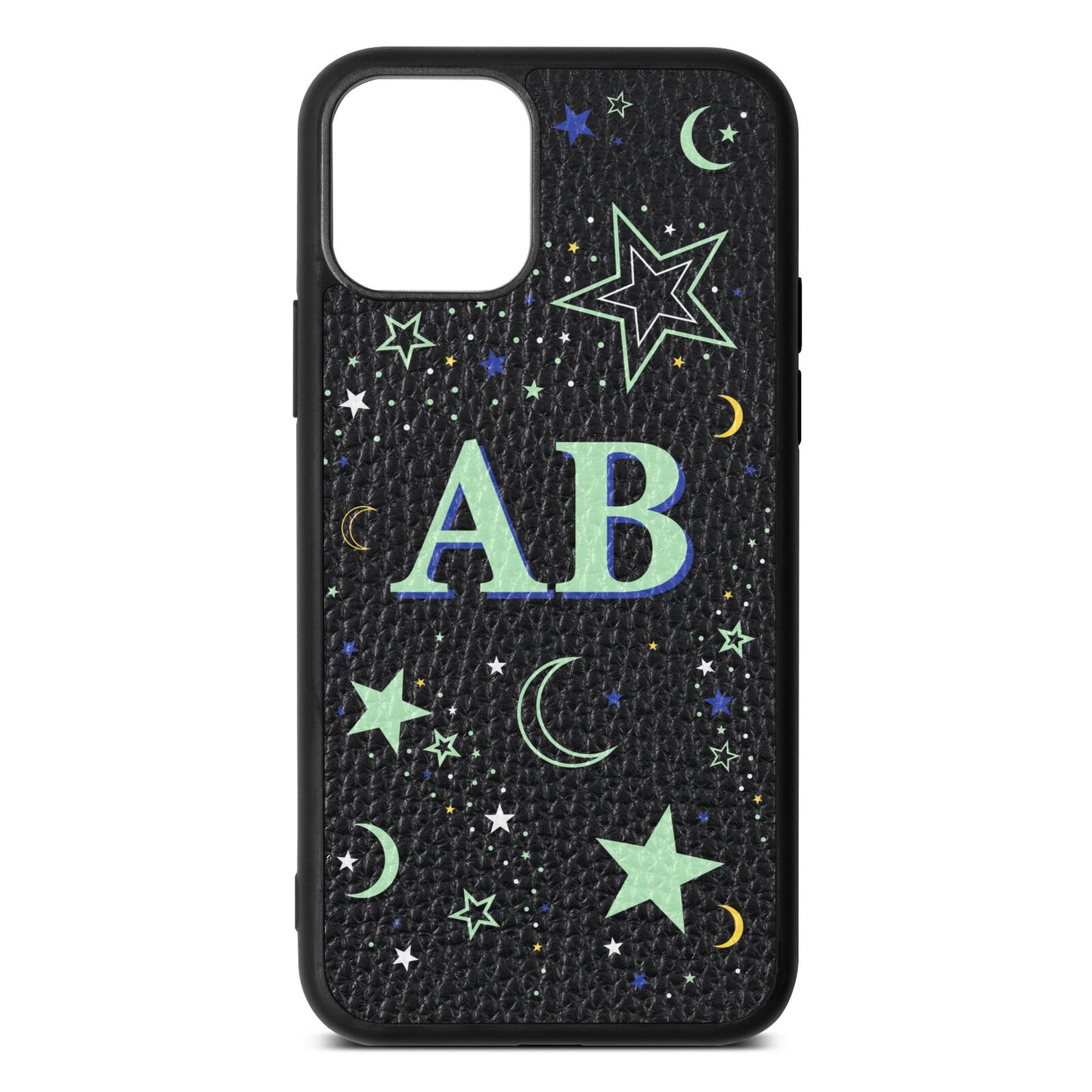 Stars and Moon Personalised Black Pebble Leather iPhone 11 Case