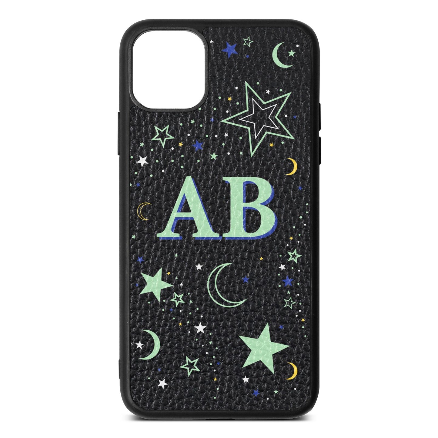 Stars and Moon Personalised Black Pebble Leather iPhone 11 Pro Max Case