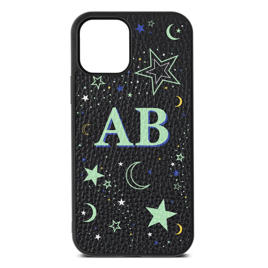 Stars and Moon Personalised Black Pebble Leather iPhone 12 Case