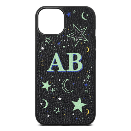 Stars and Moon Personalised Black Pebble Leather iPhone 13 Case