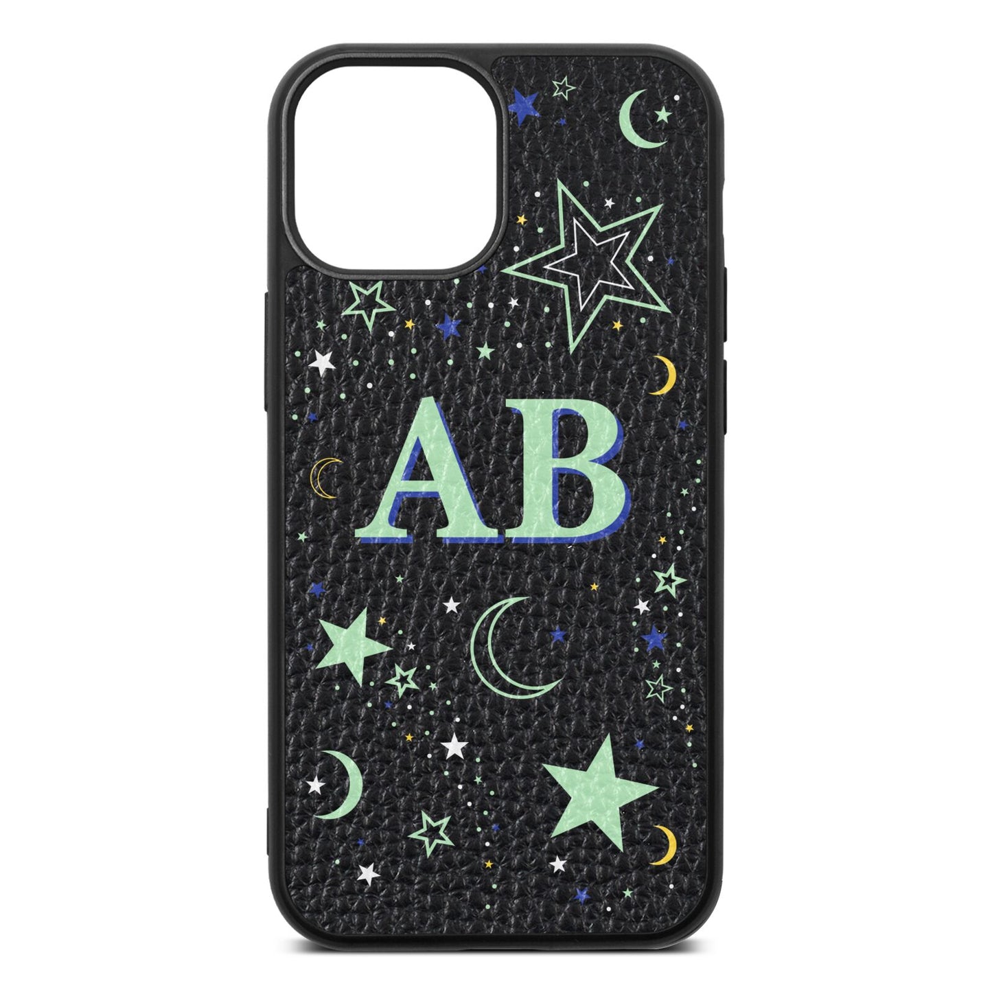 Stars and Moon Personalised Black Pebble Leather iPhone 13 Mini Case