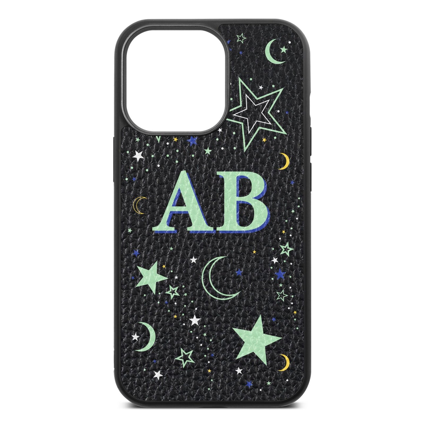 Stars and Moon Personalised Black Pebble Leather iPhone 13 Pro Case