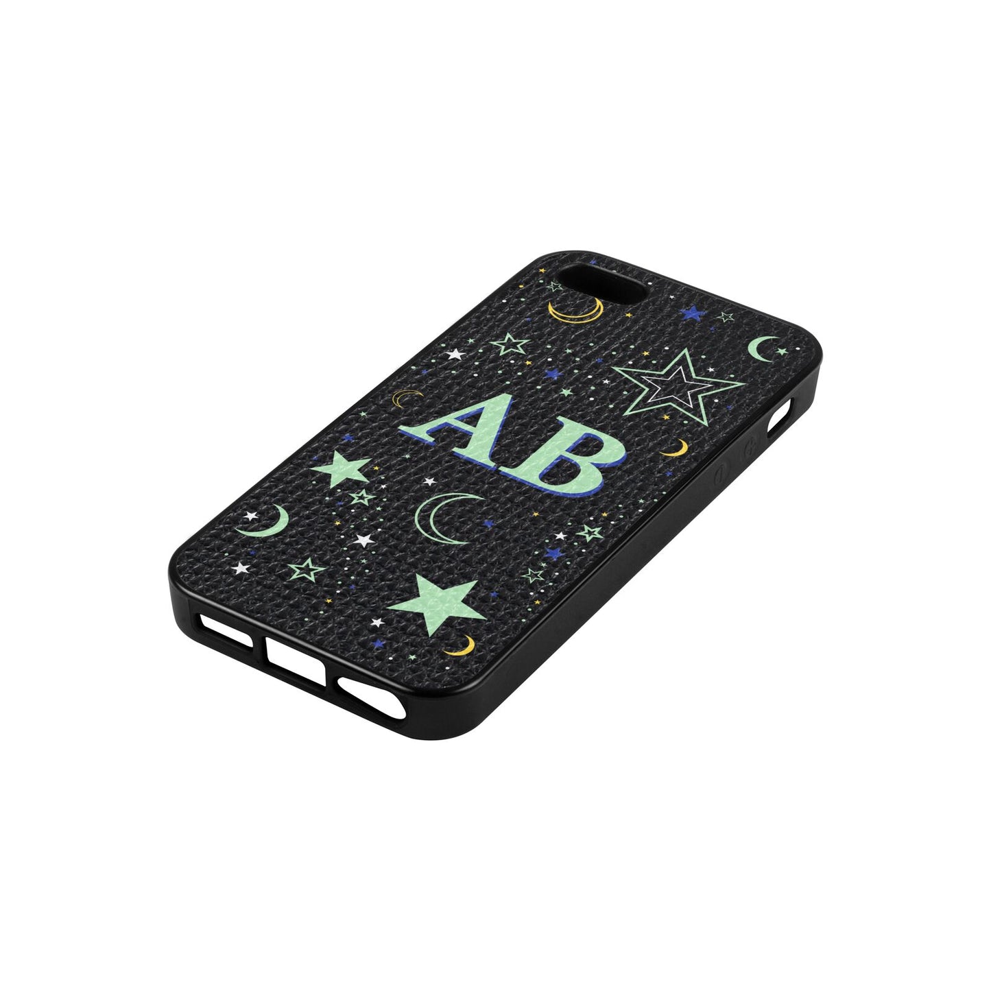 Stars and Moon Personalised Black Pebble Leather iPhone 5 Case Side Angle