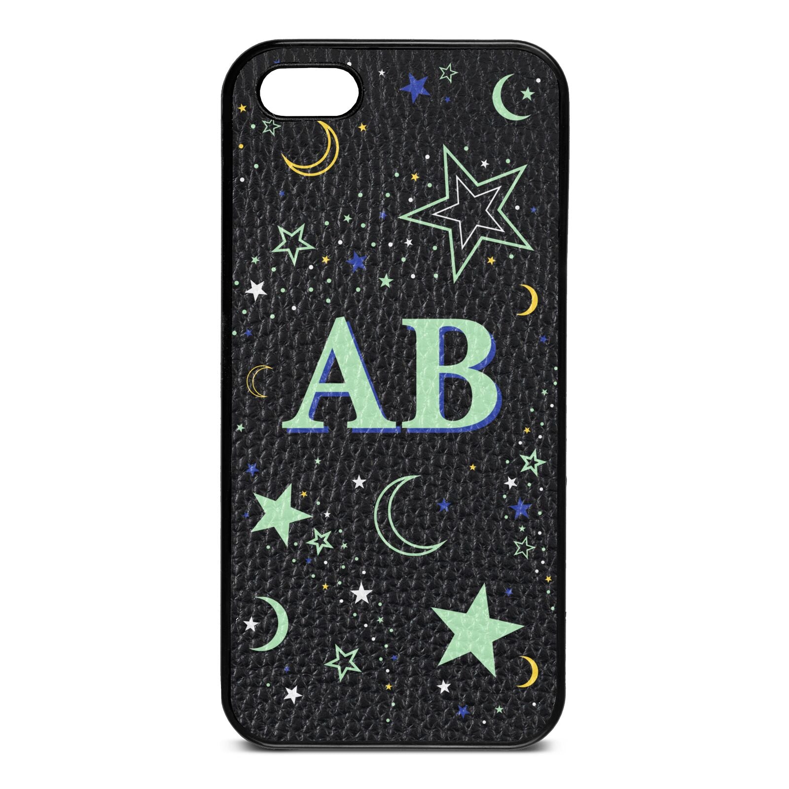 Stars and Moon Personalised Black Pebble Leather iPhone 5 Case