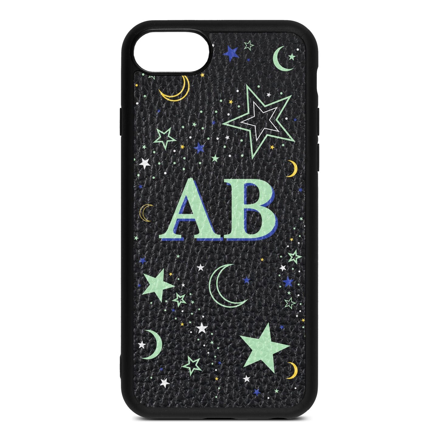 Stars and Moon Personalised Black Pebble Leather iPhone 8 Case