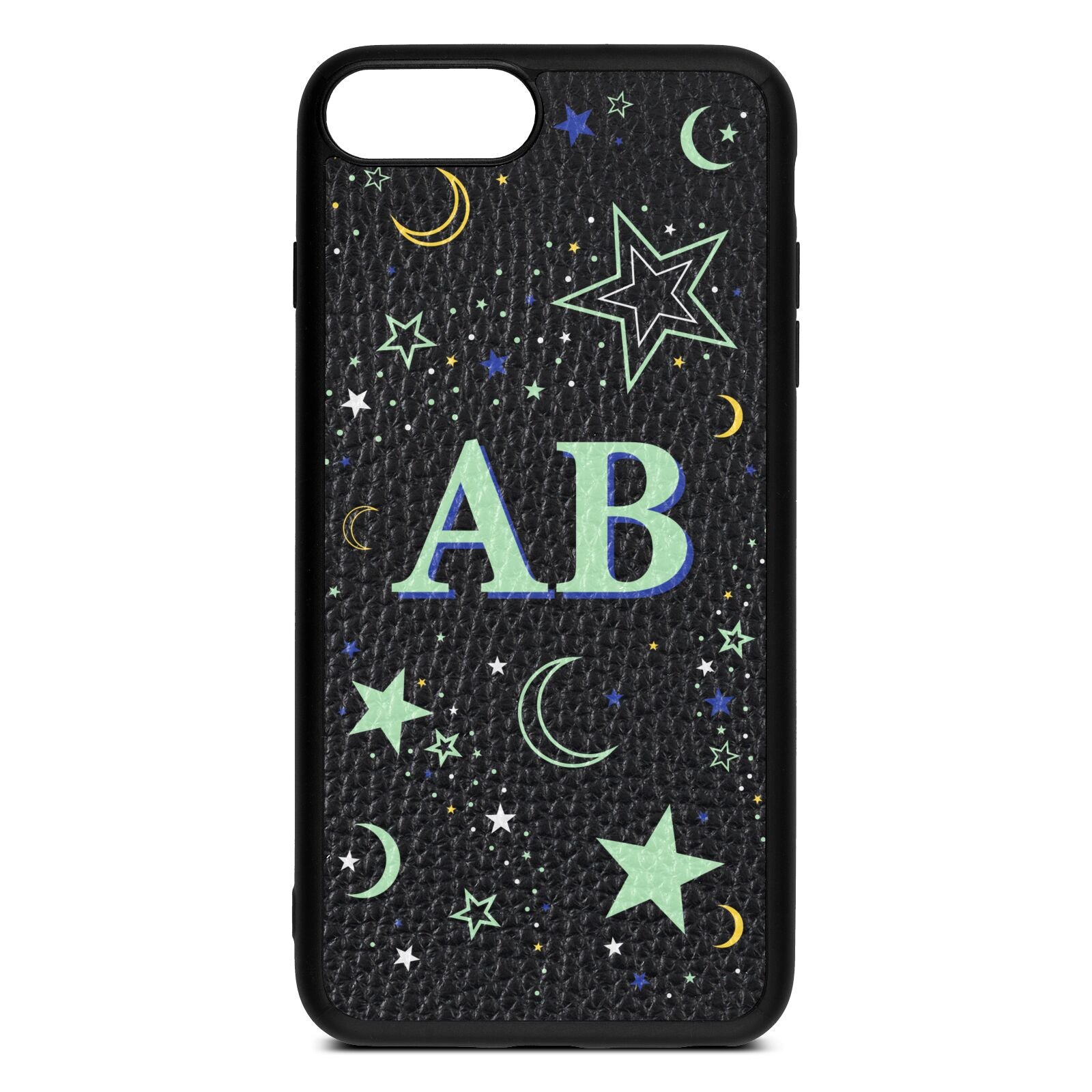 Stars and Moon Personalised Black Pebble Leather iPhone 8 Plus Case