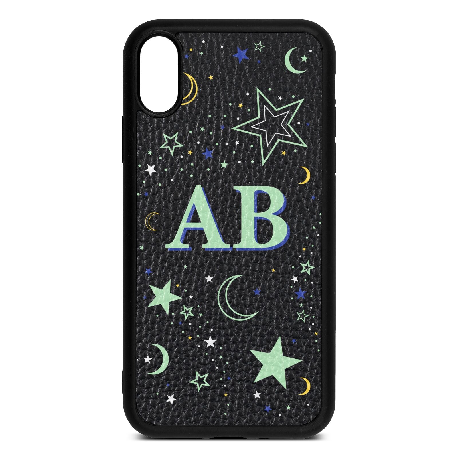 Stars and Moon Personalised Black Pebble Leather iPhone Xr Case