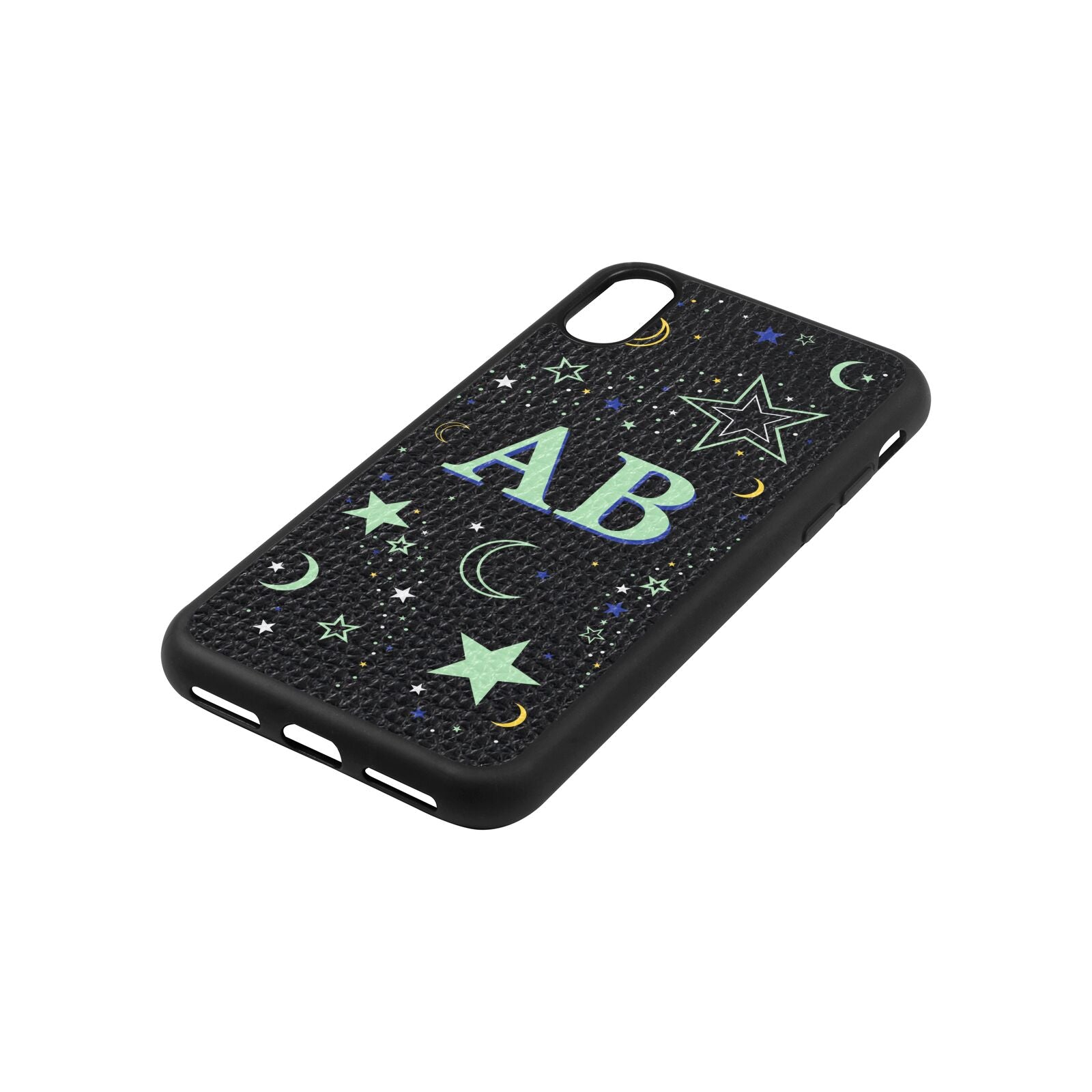 Stars and Moon Personalised Black Pebble Leather iPhone Xs Case Side Angle