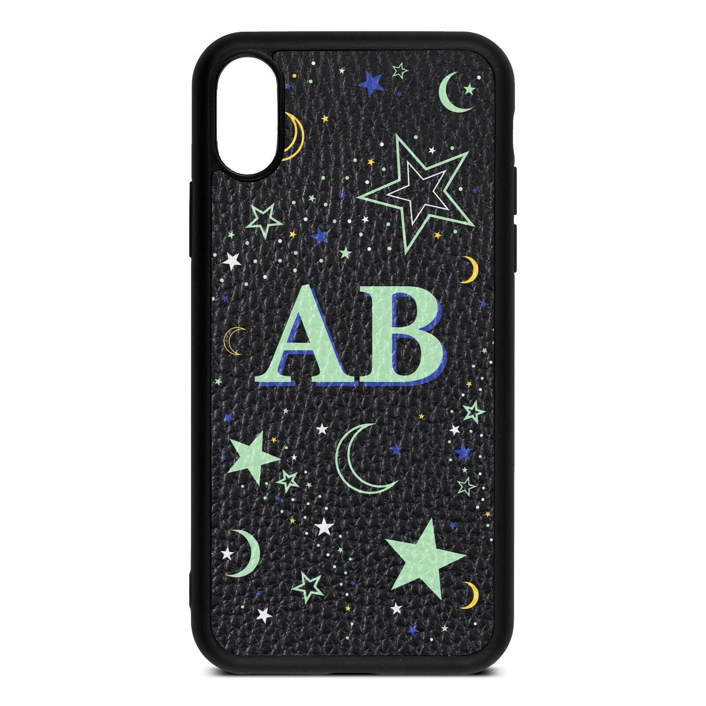Stars and Moon Personalised Black Pebble Leather iPhone Xs Case
