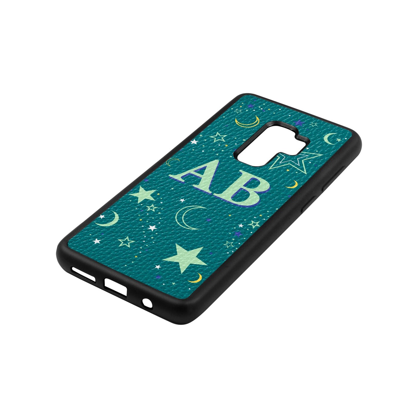 Stars and Moon Personalised Green Pebble Leather Samsung S9 Plus Case Side Angle