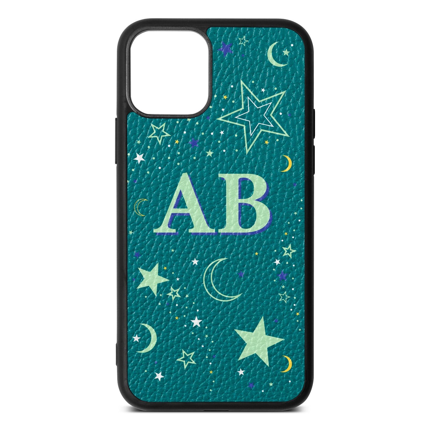 Stars and Moon Personalised Green Pebble Leather iPhone 11 Case