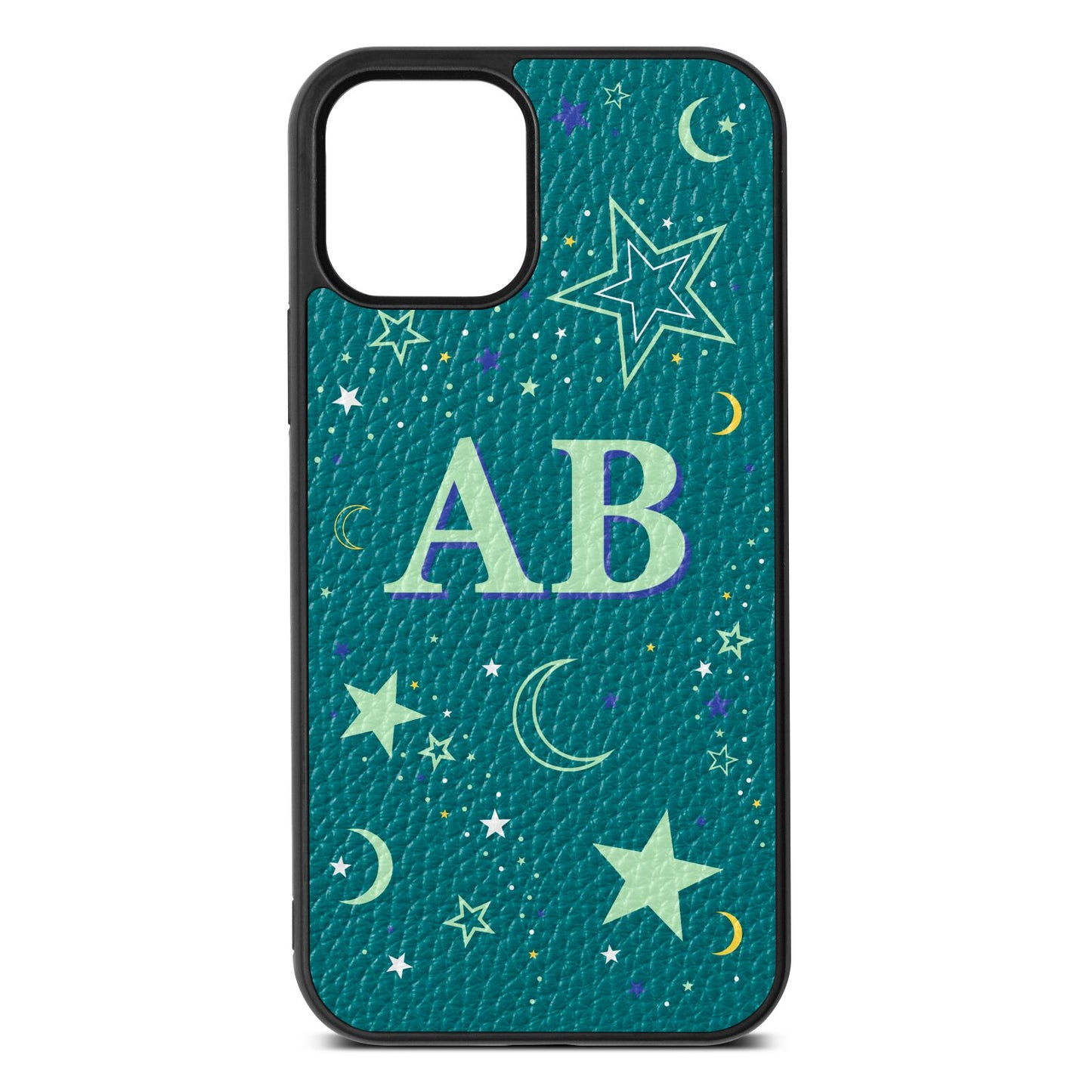 Stars and Moon Personalised Green Pebble Leather iPhone 12 Case
