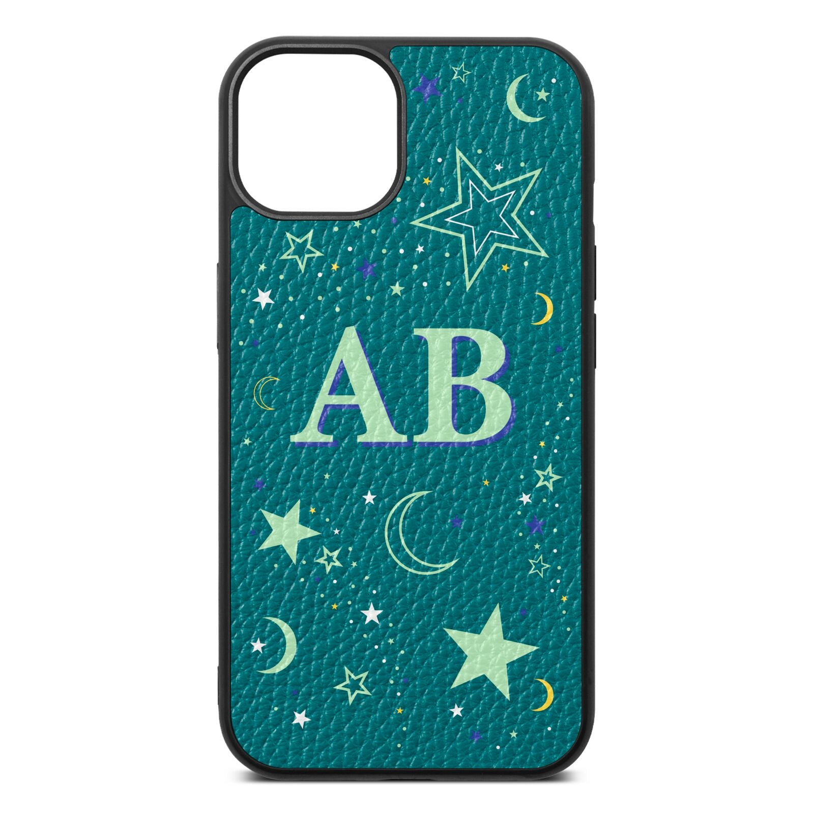 Stars and Moon Personalised Green Pebble Leather iPhone 13 Case