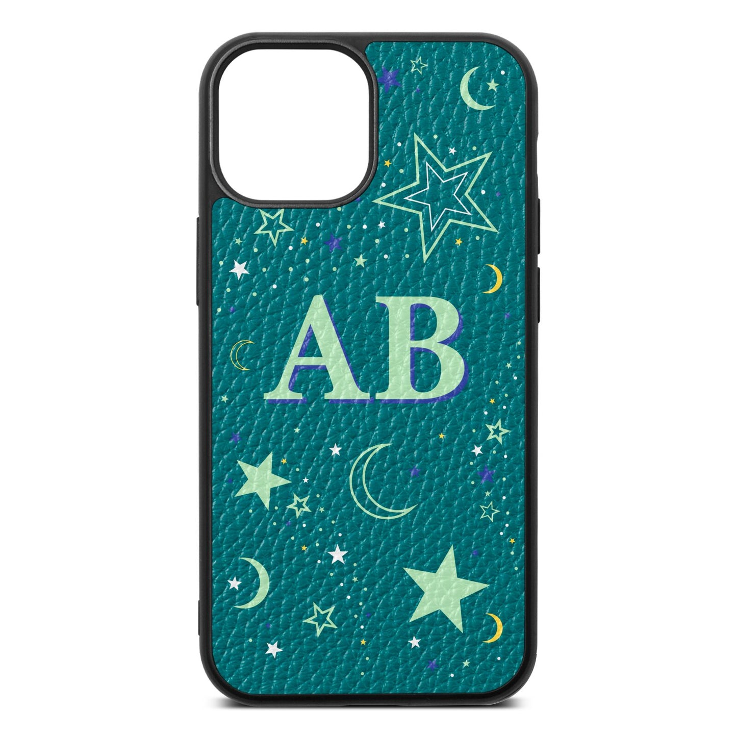 Stars and Moon Personalised Green Pebble Leather iPhone 13 Mini Case