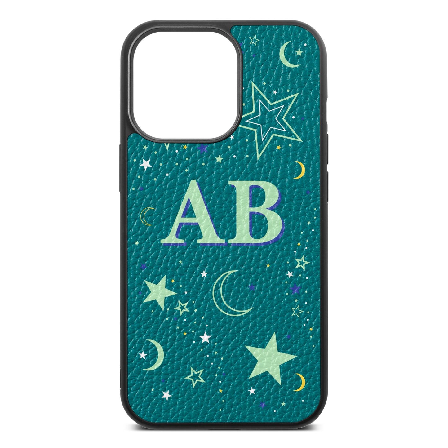 Stars and Moon Personalised Green Pebble Leather iPhone 13 Pro Case