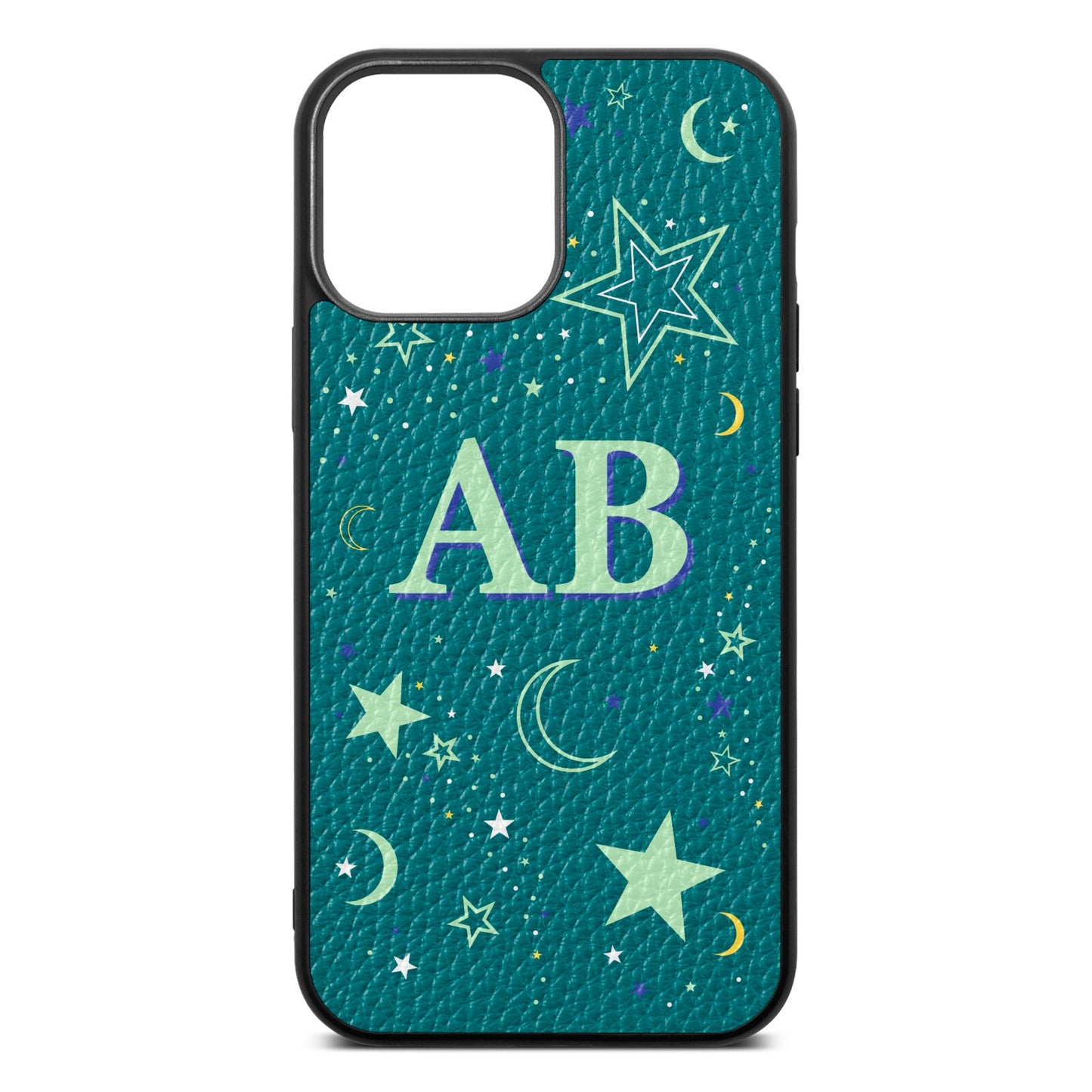 Stars and Moon Personalised Green Pebble Leather iPhone 13 Pro Max Case
