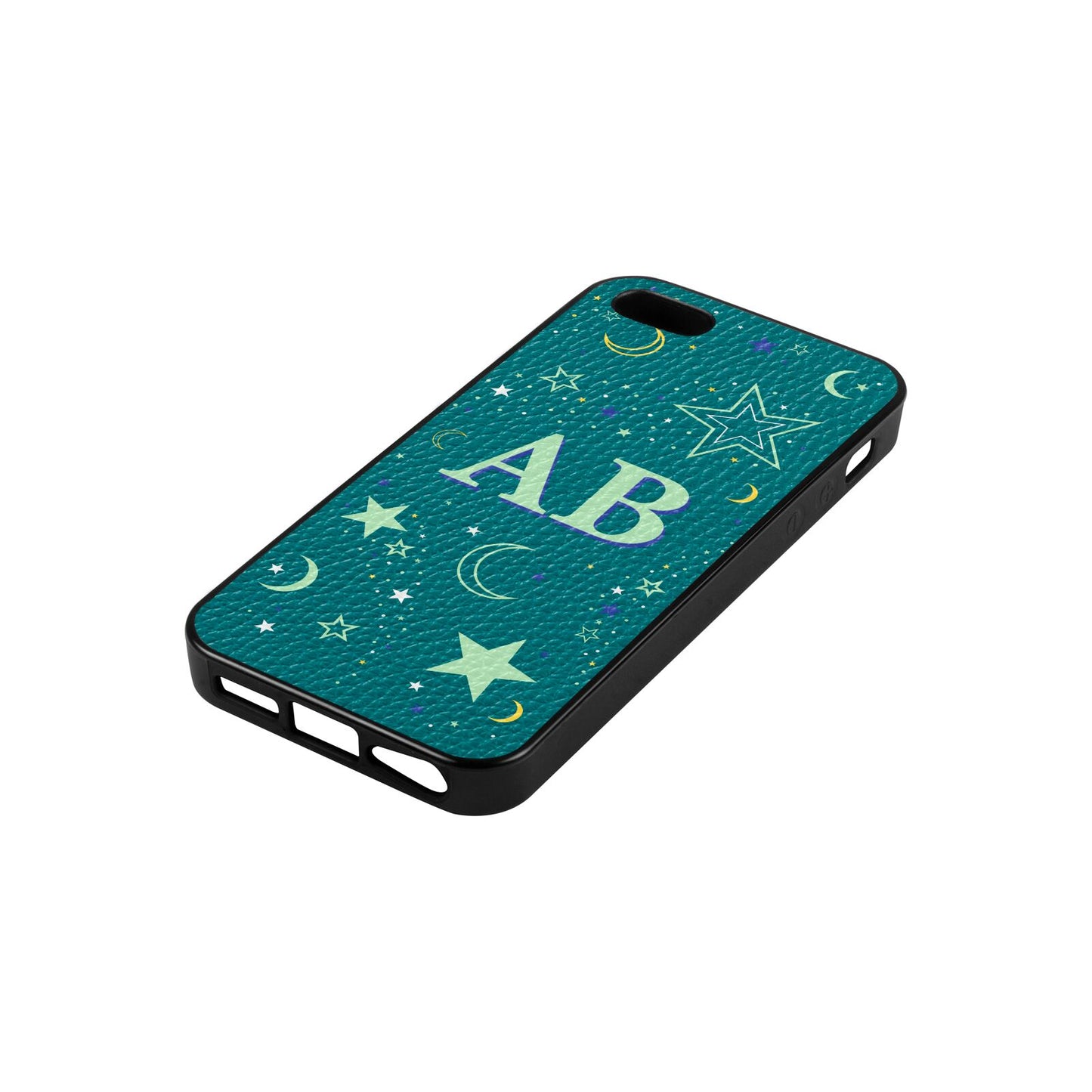 Stars and Moon Personalised Green Pebble Leather iPhone 5 Case Side Angle