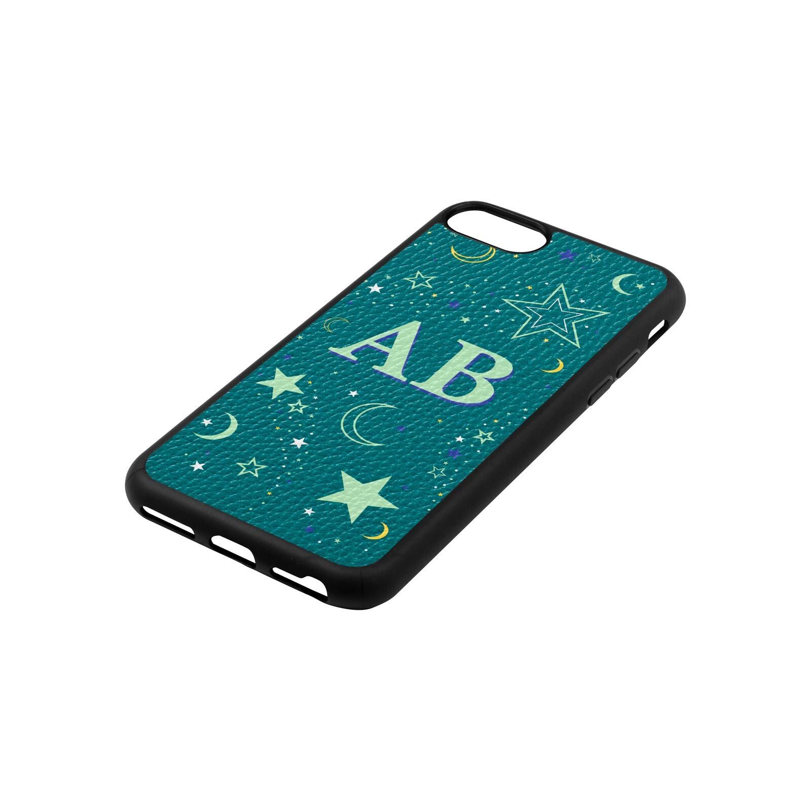 Stars and Moon Personalised Green Pebble Leather iPhone 8 Case Side Angle