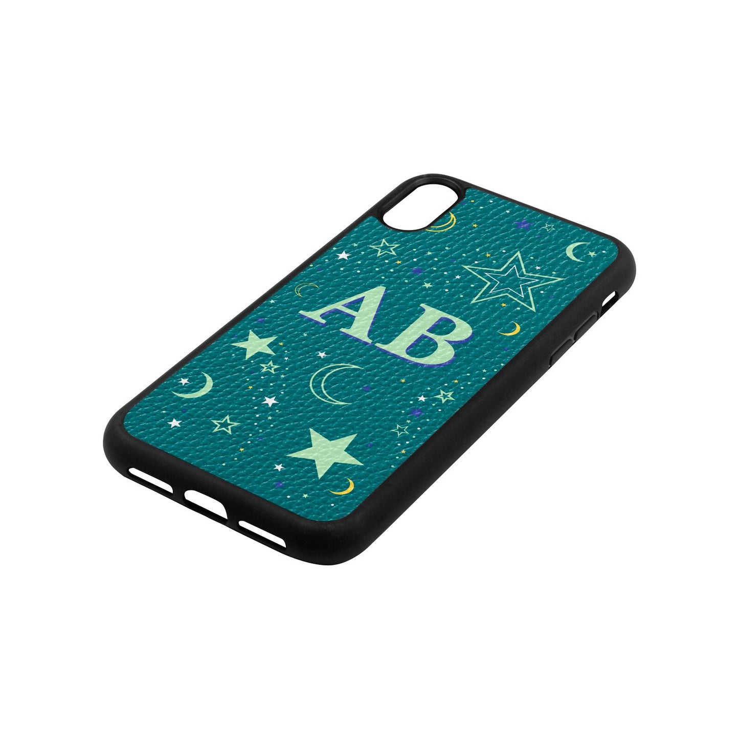 Stars and Moon Personalised Green Pebble Leather iPhone Xr Case Side Angle