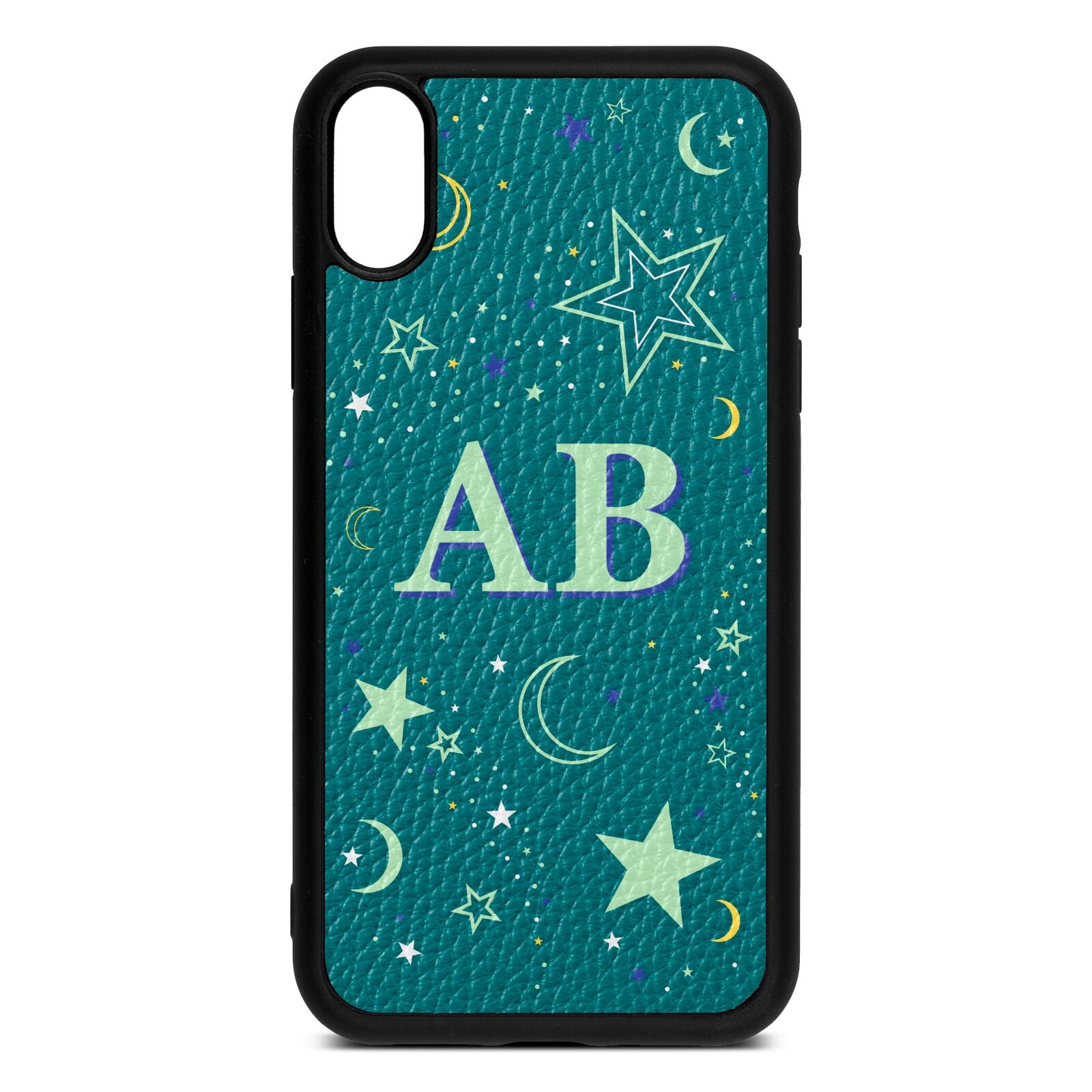 Stars and Moon Personalised Green Pebble Leather iPhone Xr Case