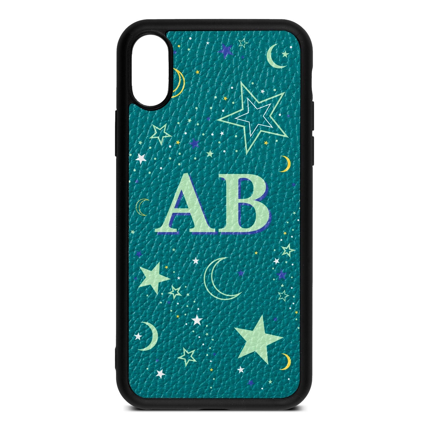 Stars and Moon Personalised Green Pebble Leather iPhone Xs Case