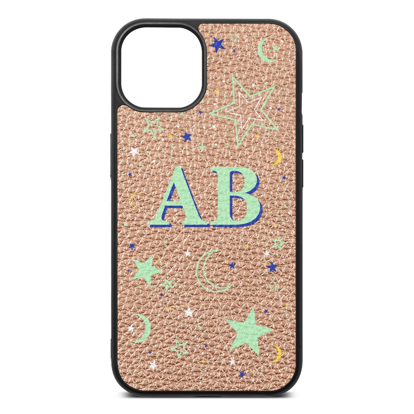 Stars and Moon Personalised Rose Gold Pebble Leather iPhone 13 Case